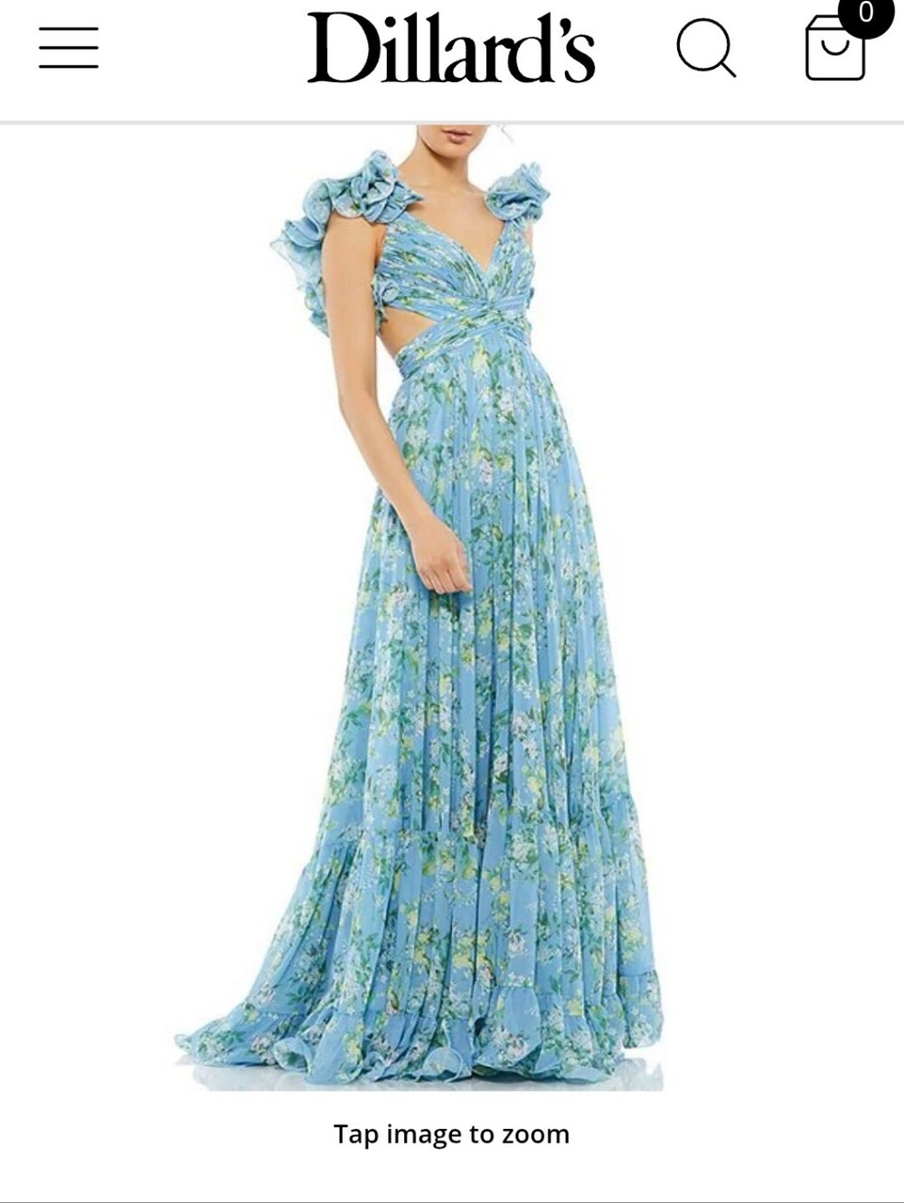 Mac Duggal Floral Chiffon V-Neck Cap Sleeve Ruffle Shoulder Side Cut-Out Gown 12